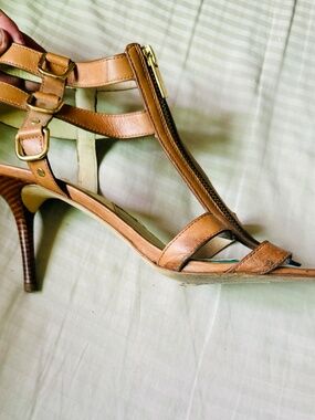 Michael Kors Brown Leather Gladiator Heels with Gold Accents